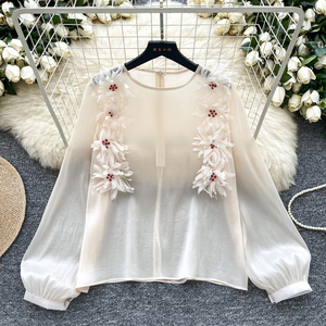 Lumière Mature Vent Vintage Senior Sense Chemise Femme Fleur Bulle Manches Royal <span class=keywords><strong>Soeur</strong></span> Tempérament <span class=keywords><strong>Blouse</strong></span> - Product Image 4