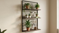 Étagères murales flottantes industrielles modernes à 3 niveaux en bois d'acacia et grille métallique noire pour plantes et pots de fleurs - Maison et Jardin