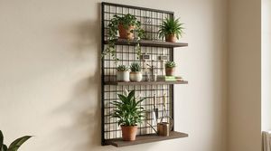 Étagères murales flottantes industrielles modernes à 3 niveaux en bois rustique et grille métallique noire pour plantes et pots de fleurs - Product Image 5