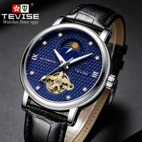 Montre automatique pour homme TEVISE 612, montre mécanique squelette de luxe, phase de lune, étanche, bracelet en cuir, montre tendance