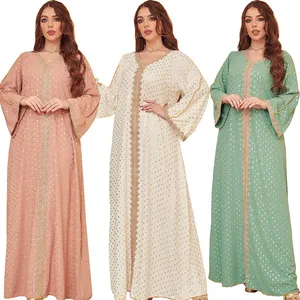 中東のファッションとレジャーアバヤ女性の刺Embroideredビッグスイングイスラム教徒のドレス高品質のクレープ生地のローブドレス