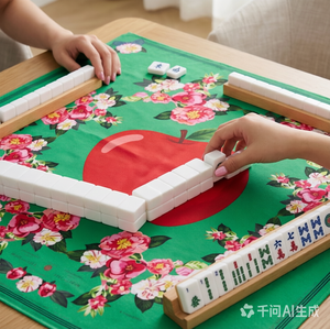 Tapis <span class=keywords><strong>de</strong></span> Mahjong à motif pomme rouge et feu d'artifice festif, texture tissu doux, jeu compétitif, fusion culturelle - Product Image 1