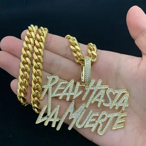gold hip hop iced out cz capital initial letter real hasta la muerte necklace