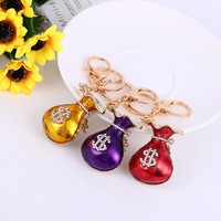 Porte-clés en alliage de zinc avec strass, style américain, motif sac porte-bonheur, pendentif de voiture, emballé individuellement, petit format