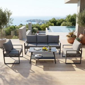 Ensemble <span class=keywords><strong>de</strong></span> canapés d'extérieur modernes en aluminium 4 pièces avec coussins épais <span class=keywords><strong>de</strong></span> 8 cm en mousse 22D, revêtement poudré antirouille pour salle à manger, <span class=keywords><strong>jardin</strong></span>, villa et terrasse - Product Image 1