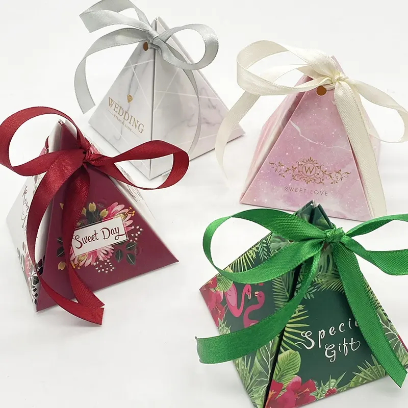 Gordon Linten Piramide Papier Snoepdoos Met Satijnen Lint Gedrukt Luxe Custom Bloemen Patroon Papieren Doos Voor Klein Geschenk