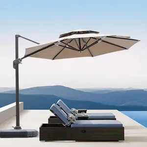 Grand parapluie en porte-à-faux de luxe, patio extérieur, parapluie de jardin, meubles en aluminium, parasol inclinable avec base