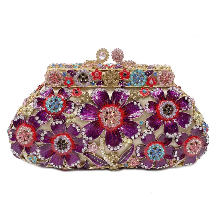 Luxury fashion designer women evening flower crystal hand clutch bags rhinestone purse for party