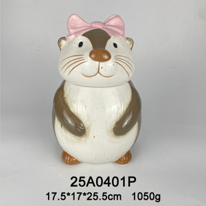 Pot à biscuits en céramique mignon en forme de loutre avec nœud rose, pot à friandises animalier peint à la main, grand récipient de stockage alimentaire, décoration d'intérieur - Product Image 1