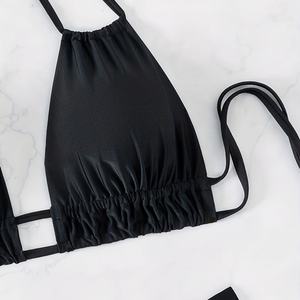 Maillot de bain uni avec logo personnalisé, noir, col en V, grande taille, ensemble de bikinis à bretelles pour femmes rondes - Product Image 3