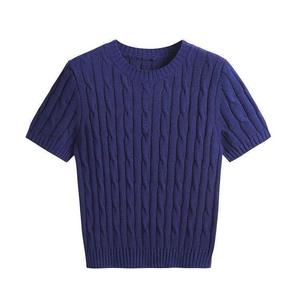 여성 여름 얇은 반팔 니트 셔츠 회색 텍스처 패턴 한국 레트로 레터 자수 레귤러 핏 탑 - Product Image 3