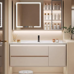 Meuble de salle de bain multifonctionnel en bois massif, mural, coulissant, multi-niveaux, anti-buée, avec éclairage - Product Image 1
