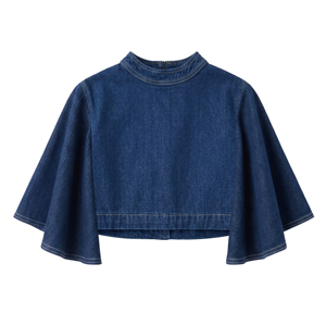 Anjie – Blouse courte en jean pour femme, col montant, manches cape, personnalisable avec logo OEM/ODM, marque privée, bleu indigo, vente en gros - Product Image 1