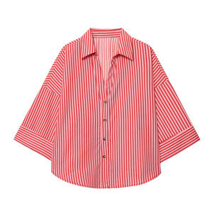 GX2340 Butik Pakaian Wanita Modis Atasan Bermotif Kerah V Setengah Lengan Blus Wanita Seksi Kemeja Kasual - Product Image 3