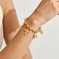Bracelet multi-breloques en acier inoxydable, chaîne à billes de 8 mm, pendentifs croix, cœur, lune, vente en gros