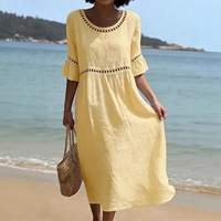 Nouvelle Robe Femme Printemps/Été 2026 Élégante Décontractée en Coton et Lin Tissé à Col Rond et Manches Trois-Quarts Unie avec Broderie
