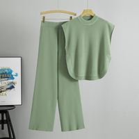 Ensemble 2 pièces de luxe pour femme, nouvelle collection été, personnalisable en gros : débardeur tricoté sans manches couleur unie et pantalon long large