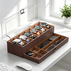 Caja para relojes de cuero PU – Estuche de almacenamiento de doble capa con 6 y 10 ranuras para relojes, anillos y collares, organizador de joyas - Product Image 5