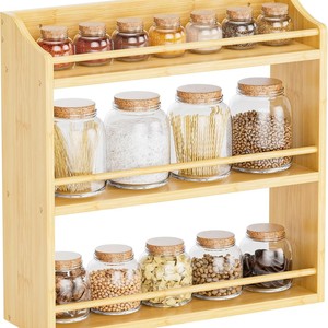 Bamboo Spice <b>Rack</b> 3 Tier With Glass Jars For <b>Kitchen</b> Storage Minimalist Design - Product Image 1