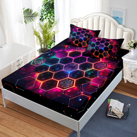 Parure de draps ajustés hexagonaux en nid d'abeille à imprimé numérique néon, motif géométrique lumineux de luxe, technologie de pointe