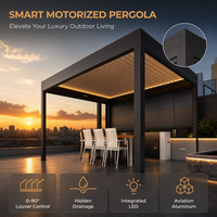 Pergola bioclimatique motorisée en aluminium thermolaqué, éco-responsable, inspirée de la nature, dimensions personnalisables, cuisine extérieure