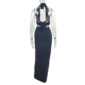 Robe Longue Slim Streetwear Col Halter Femme Sexy Filles Ultra Chic Décolleté Plongeant Dos Nu Lacets Robe de Soirée Moulante - Product Image 6