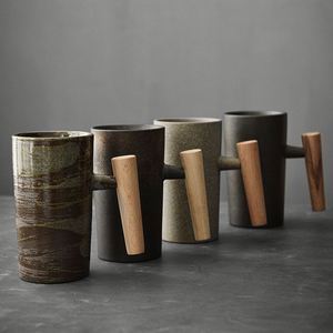 Tasse en céramique vintage, style japonais, avec poignée en bois, pour la maison, simple et créative, en poterie rustique, pour couple, pour café et thé - Product Image 1