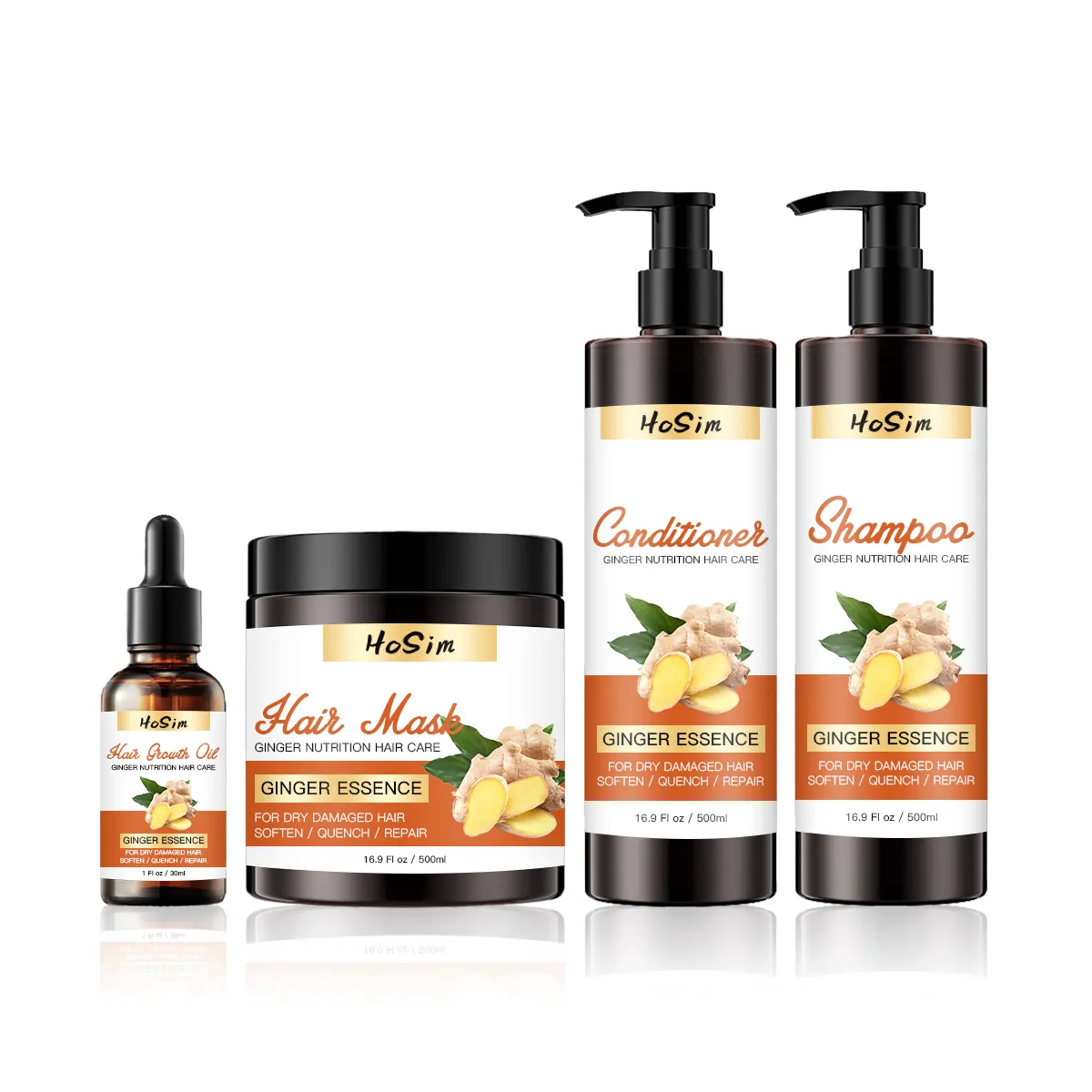 Conjunto de cuidados com os cabelos com ingredientes naturais de gengibre, shampoo e condicionador de marca própria personalizado, máscara de óleo de crescimento, conjuntos de cuidados com os cabelos (novo)