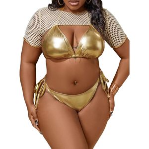 Women's <b>Plus</b> <b>Size</b> 3 Piece Gold <b>Bikini</b> <b>Set</b> With Mesh Cover Up Top Halter Lace Up Backless Swimwear - Product Image 1