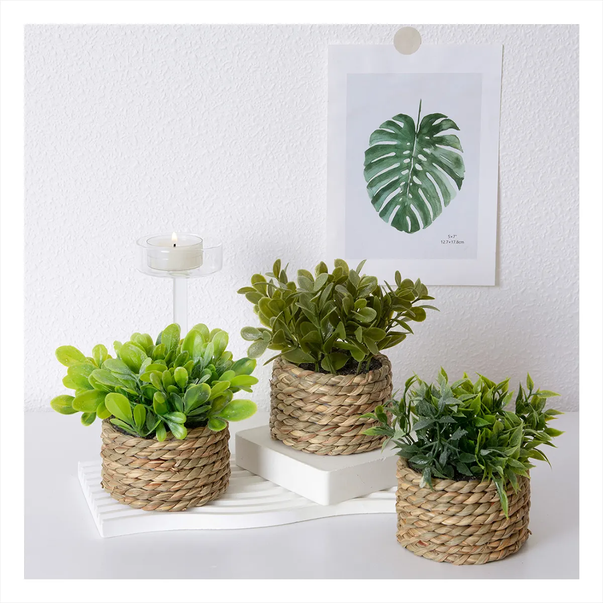 H202450-53 Greenery Plastic Small Rattan Weave Potted Plants Mini Bonsai Artificial Plants Mothers Day Gifts