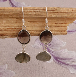 925 Sterling <b>Silver</b> Minimalist <b>Long</b> Hook Drop <b>Earrings</b> with Natural Labradorite Smokey Quartz for Wedding or Gift - Product Image 2
