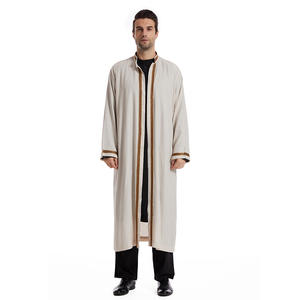 Moyen-Orient arabe marocain musulman hommes Thobe Thawb Caftan couleur unie brodé ouvert Abaya pour hommes - Product Image 2
