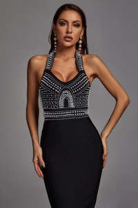 Vestido de Fiesta Elegante <span class=keywords><strong>para</strong></span> Mujer, Personalizado, con Cuentas de Perlas, Corsé Cristalizado, Cuello Halter, Midi, Estilo Bandage, <span class=keywords><strong>para</strong></span> <span class=keywords><strong>Cena</strong></span> o Cumpleaños - Product Image 4
