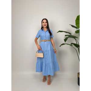 Vestido Camisero Amarillo con Cinturón, Cuello Camisero, Tejido Transpirable, Estilo Casual Diario, Largo Midi, Cintura Natural - Product Image 3