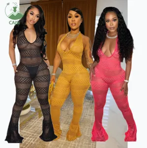 Mesh Club Jumpsuit playsuit pakaian wanita Halter melihat melalui Flare celana Romper seksi tanpa lengan satu potongan Jumpsuit untuk wanita