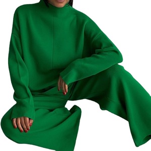 Ensemble pull et pantalon à col haut pour femme, tricoté, couleur unie, coupe ample, automne-hiver, élégant, pour le quotidien, camel, SMLXL - Product Image 5