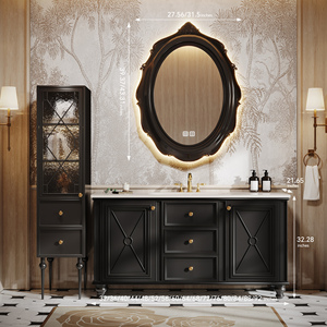 Mueble de Baño de Diseño Francés con Lavabo de Piedra y Espejo Inteligente Antivaho, Mueble de Madera Maciza con Amplio Espacio de Almacenamiento - Product Image 6