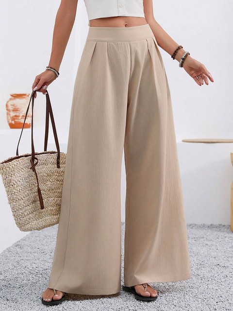 Hot Selling Fashionable Versatile Women High Waist Pleated Textured Wide Leg Trousers