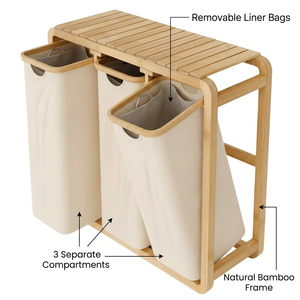 Cesto Portabiancheria in Bambù a 3 Scomparti con Coperchio, Sacchi Estraibili e Lavabili, Cesti Divisi per Lavanderia e Bagno - Product Image 4