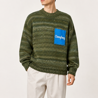 Warmer Wollpullover für Herren Unisex Retro Surrealer Widder-Stickerei Kontrastbesatz Raglanärmel Rundhals-Pullover