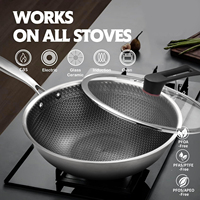Wok hybride antiadhésif non toxique en acier inoxydable 3 couches avec couvercle, compatible lave-vaisselle, induction, four et grill, sans PFOA