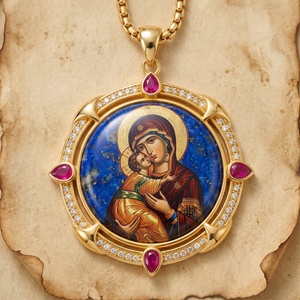 Colgante <span class=keywords><strong>de</strong></span> Lapislázuli <span class=keywords><strong>de</strong></span> la Virgen María, Regalo <span class=keywords><strong>de</strong></span> Bautismo y Bendición para Recién Nacidos, Icono Ortodoxo, Joyería <span class=keywords><strong>de</strong></span> Latón Chapado en Oro, B2B - Product Image 1