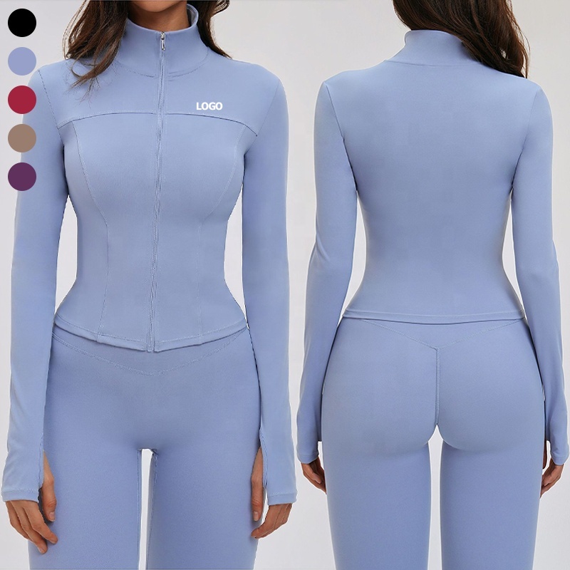 Women's Stand Collar Long Sleeve Compression Yoga Top Full Zip up Breathable 4-way Stretchy Workout Jacket with Thumb Holes