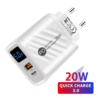 Pengisi Daya USB Tipe C 20W PD QC3.0 dengan Layar Digital untuk Ponsel, Adaptor Pengisi Daya Dinding