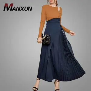 New Arrival Women Clothing Buckle Strap Pleated Women Skirt Plus Size Women's Dresses Ruffle Casual Dresses Navy Blue Maxi Skirt