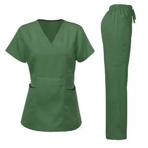Women's Summer Twill Solid Color Short Sleeves Tighten Waist Contrast Pockets Nurse Uniform Medical Uniform Women's Scrubs Sets