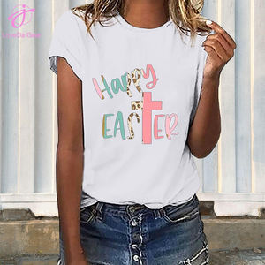 Loveda personalizzato donna taglie forti carino coniglietto di Pasqua felice lettera di Pasqua stampa a maniche corte - Product Image 2