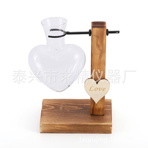 Heart Shaped Glass Hydroponic Vase With Wooden Stand For Desk Decoration Modern Style Brown Color - Product Image 5