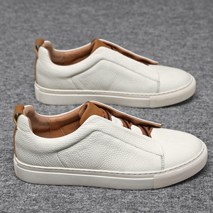 Zapatos de cuero blanco sin cordones, zapatos para caminar a diario con forro suave marrón, detalle de rayas, suela plana antideslizante, zapatos para exteriores que combinan con todo. - Product Image 1
