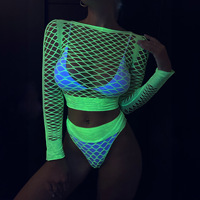 Séduisant Fluorescent Vert Lumineux Creux Bikini Deux Pièces Ensemble Résille Sexy Lingerie Femmes Survêtements